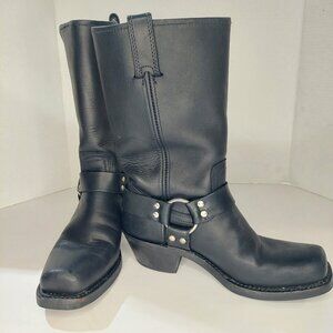 Frye Harness Moto Boots Square Toe Black Mid Length Size 8.5